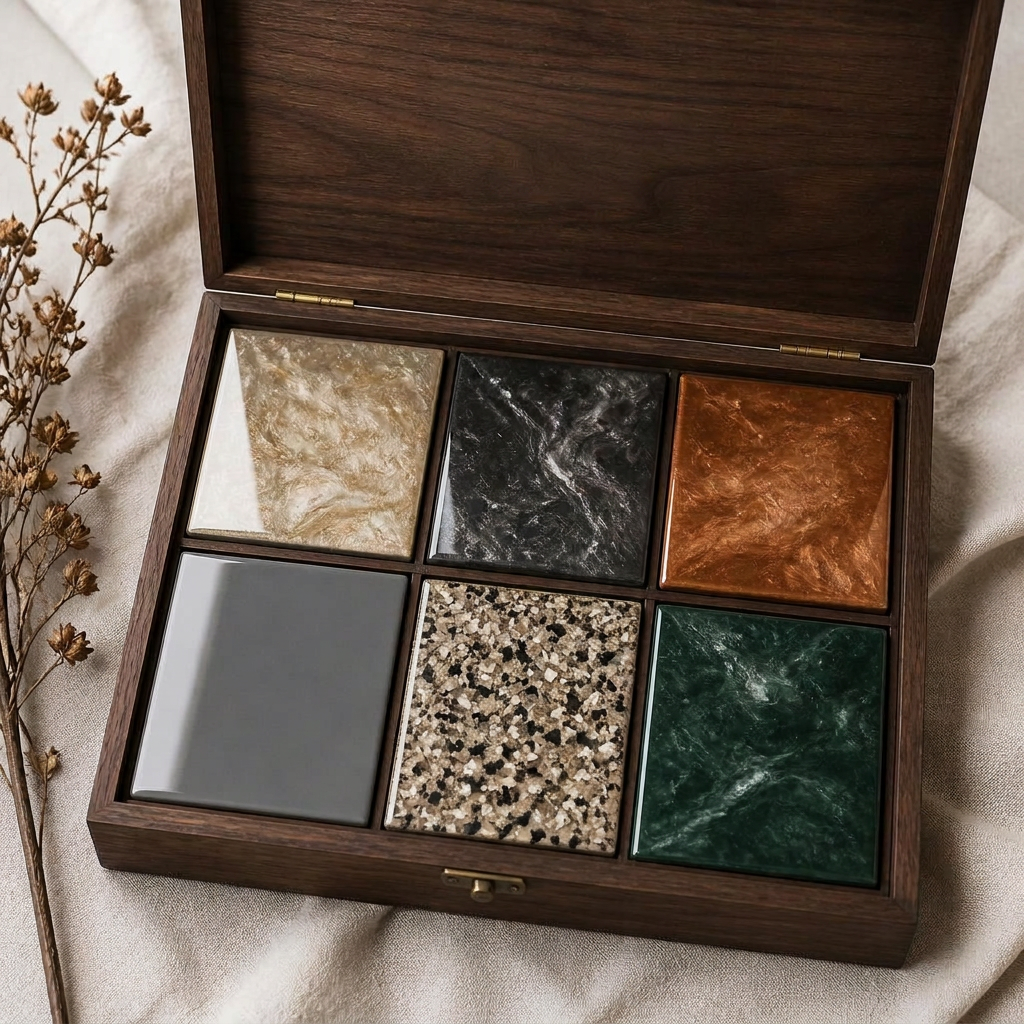 KIT-01 specimen box with six cured epoxy samples